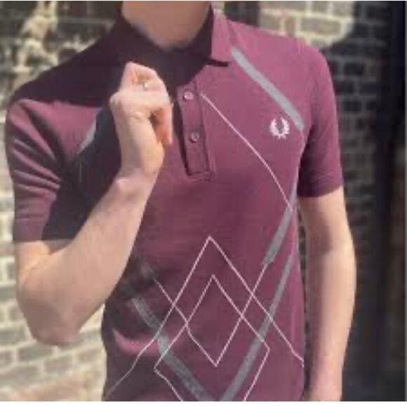 Fred Perry Abstract Argyle Knitted Polo Shirt Men's Size XL Mahogany NWT Cotton - Picture 2 of 7